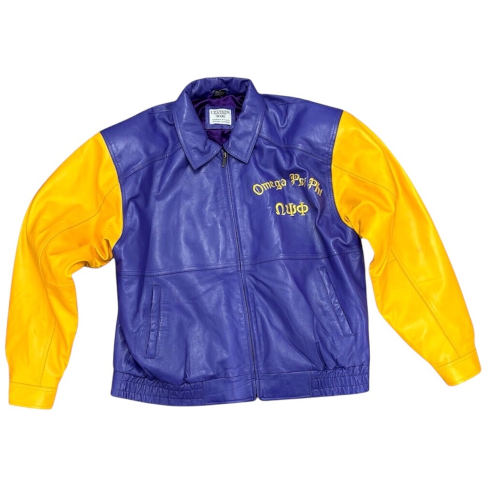 Leather 9000 Mens Omega Psi Phi Fraternity Varsity Jacket Purple Gold D9 Sz L